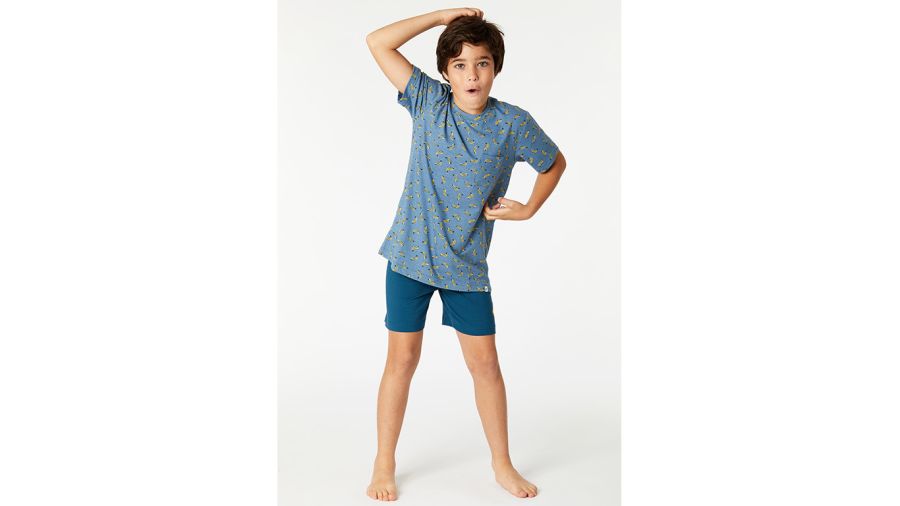 Woody Jongens Pyjama Melange Blauw Banaan